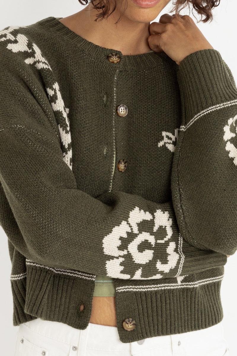 Antique Floral Crop Cardigan Olive