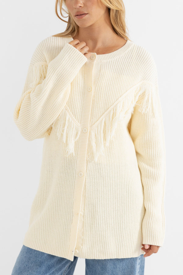 River Fringe Knit Cardigan Oat