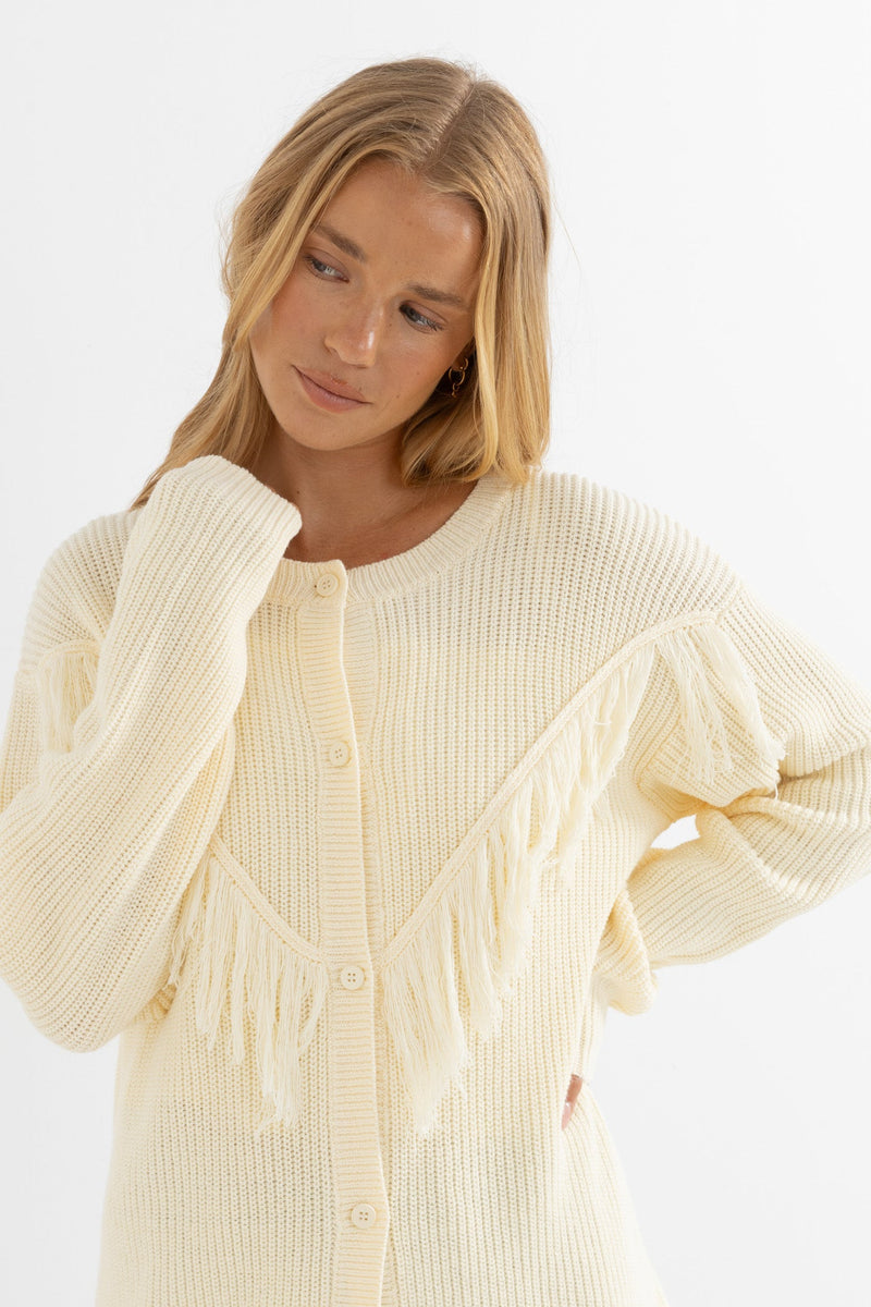 River Fringe Knit Cardigan Oat