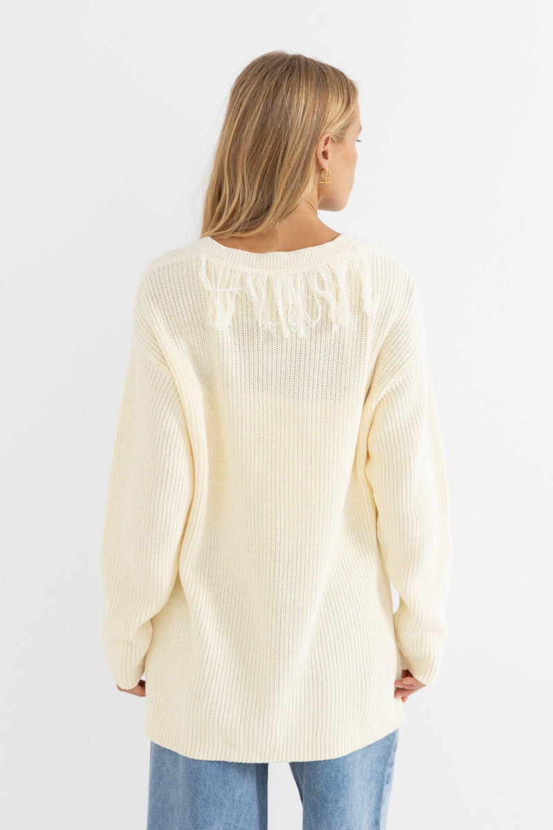 River Fringe Knit Cardigan Oat