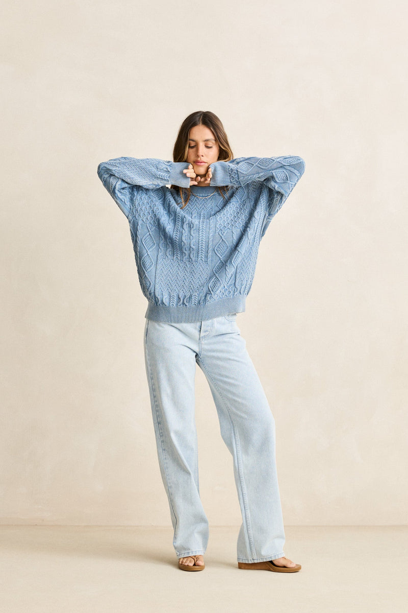Patchwork Salt Wash Sweater Washed Blue