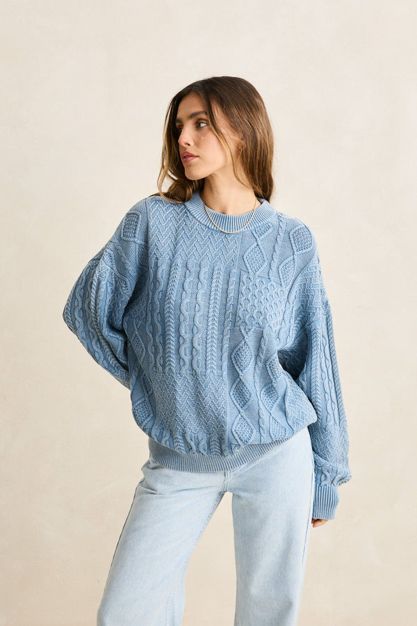 Patchwork Salt Wash Sweater Washed Blue