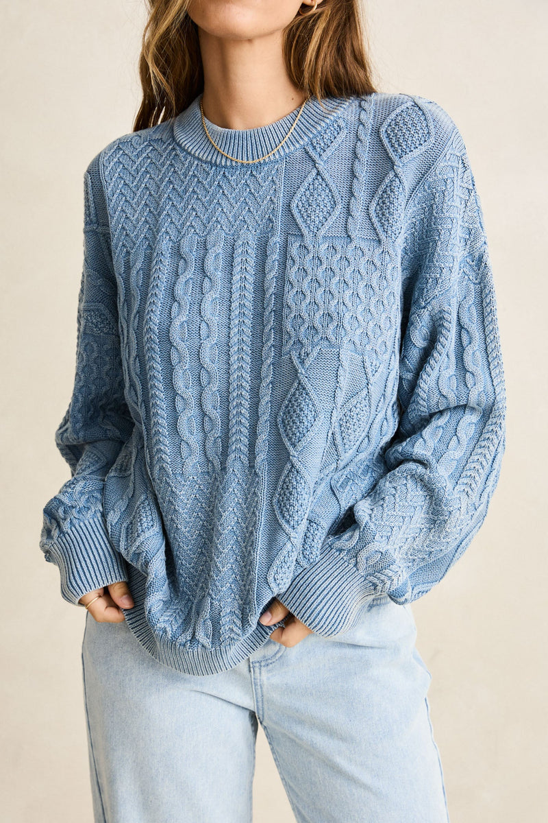Patchwork Salt Wash Sweater Washed Blue
