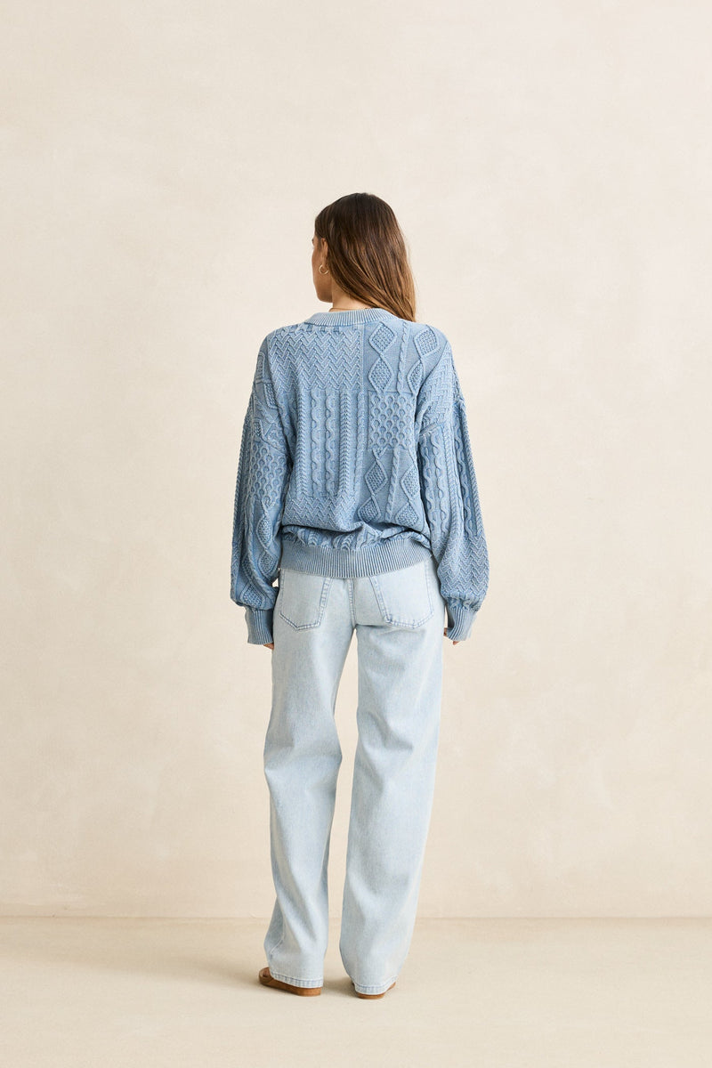 Patchwork Salt Wash Sweater Washed Blue