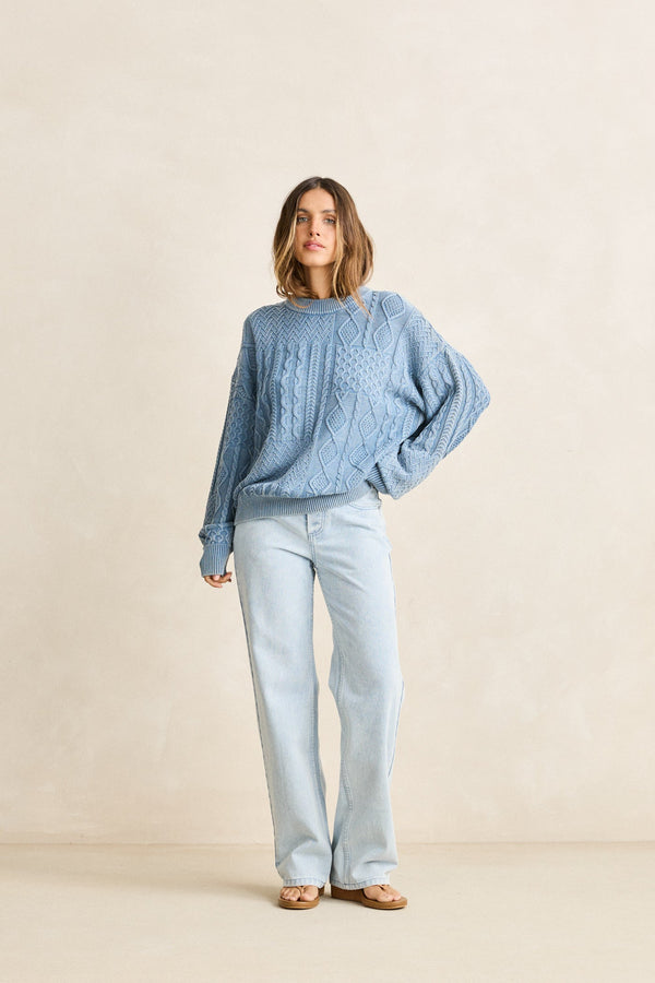 Patchwork Salt Wash Sweater Washed Blue