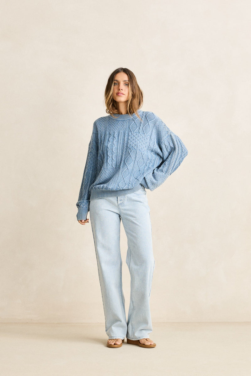 Patchwork Salt Wash Sweater Washed Blue