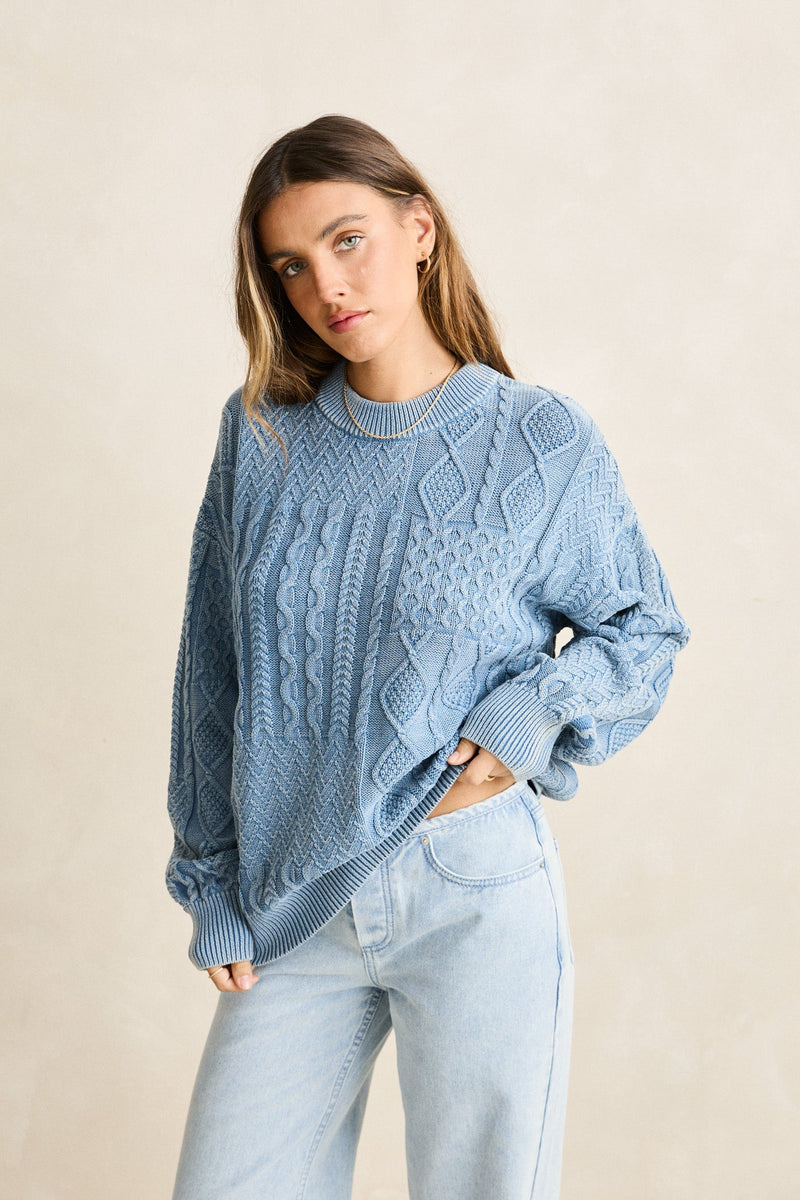 Patchwork Salt Wash Sweater Washed Blue