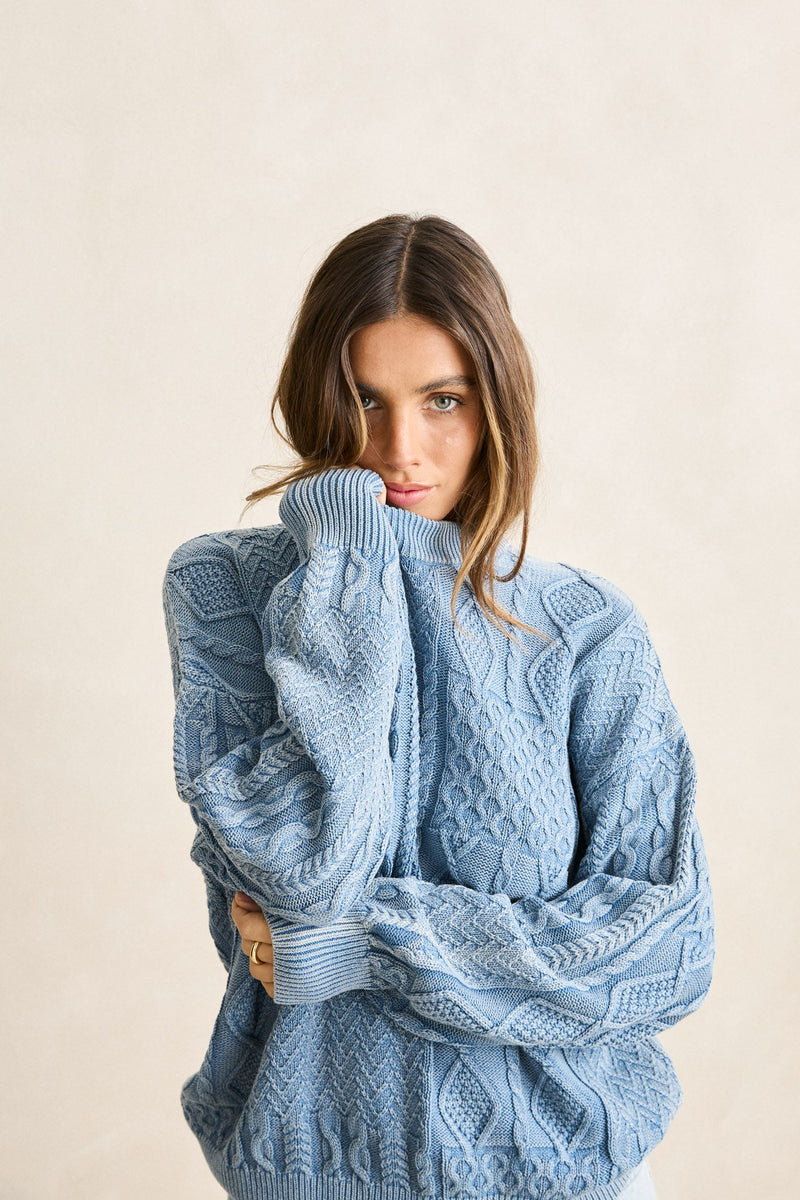 Patchwork Salt Wash Sweater Washed Blue