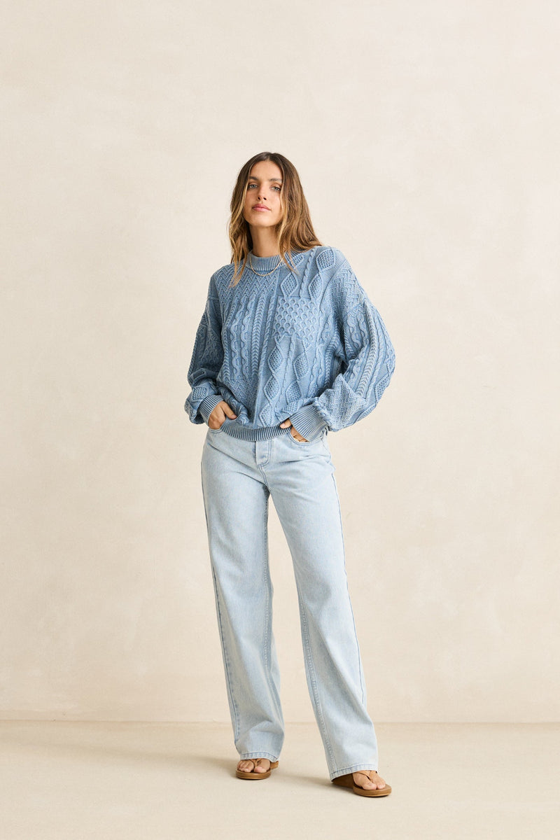 Patchwork Salt Wash Sweater Washed Blue