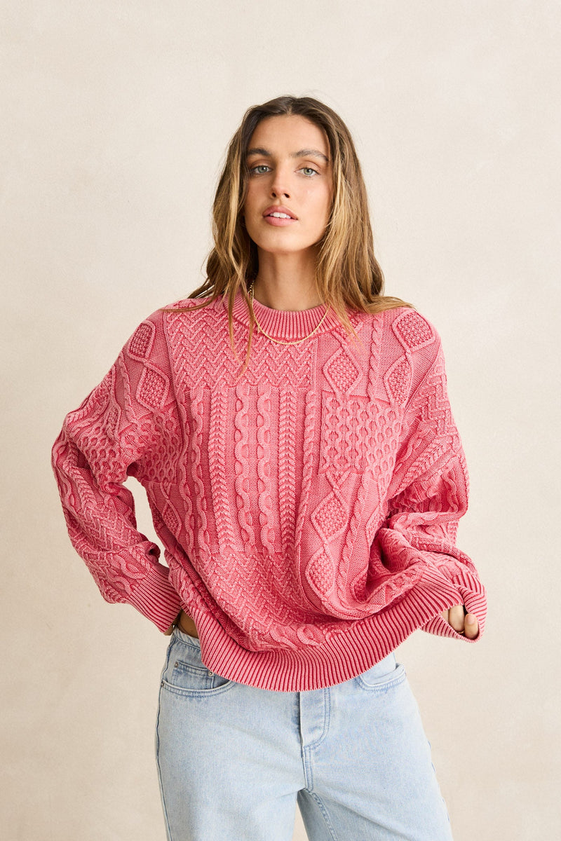 Patchwork Salt Wash Sweater Washed Red