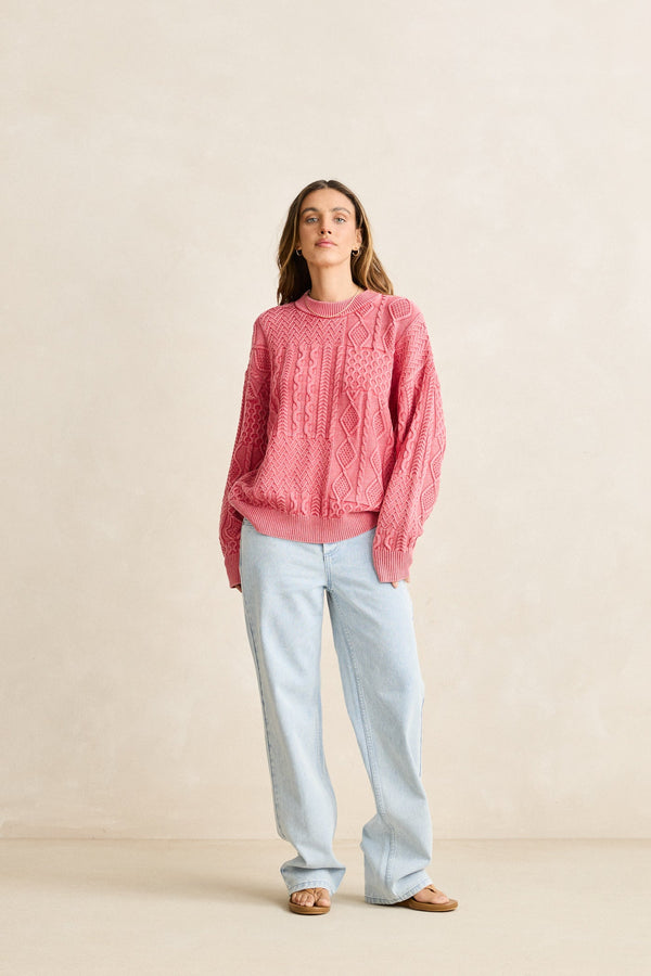 Patchwork Salt Wash Sweater Washed Red