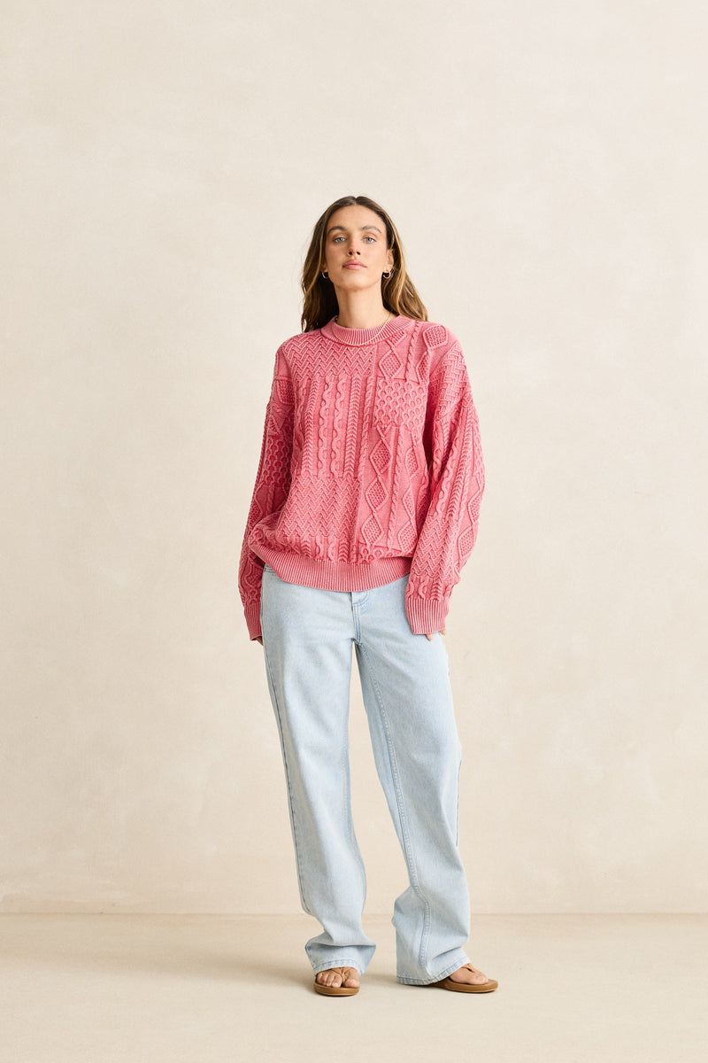 Patchwork Salt Wash Sweater Washed Red