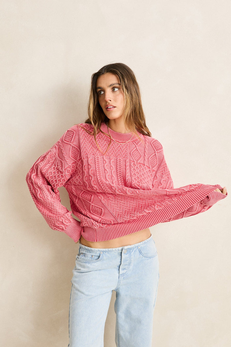 Patchwork Salt Wash Sweater Washed Red
