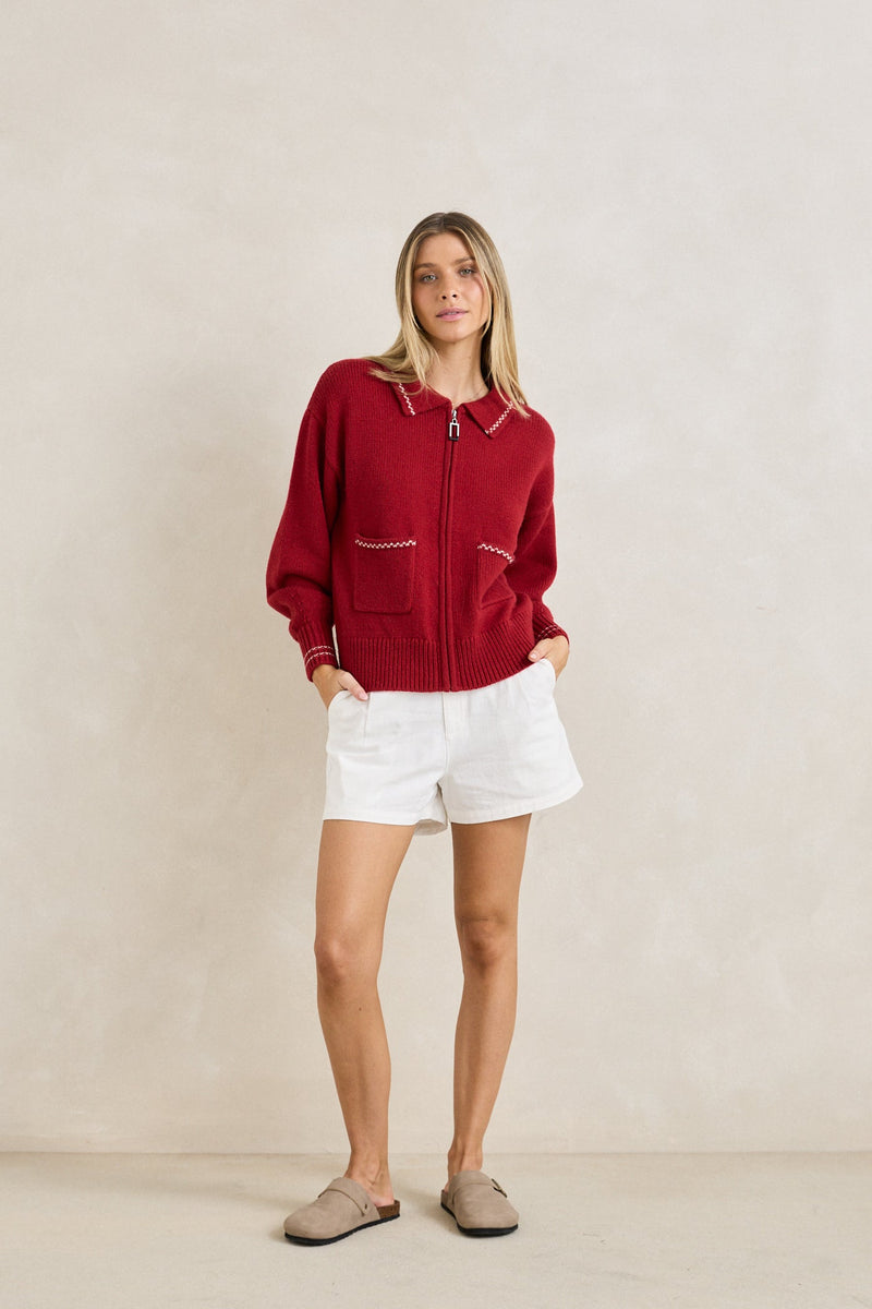 Frankie Dual Zip Cardigan Cherry
