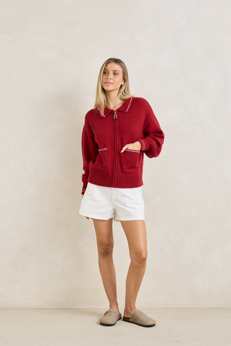 Frankie Dual Zip Cardigan Cherry