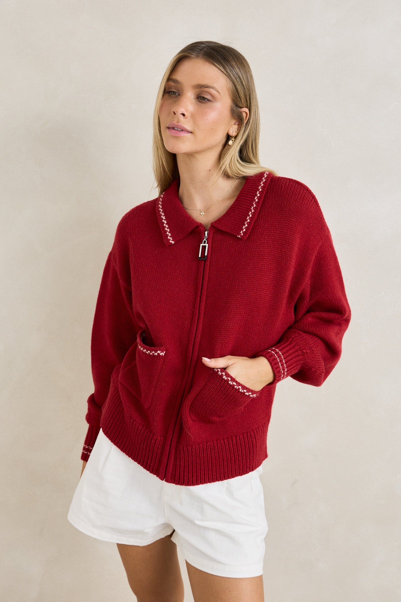 Frankie Dual Zip Cardigan Cherry – Rhythm US