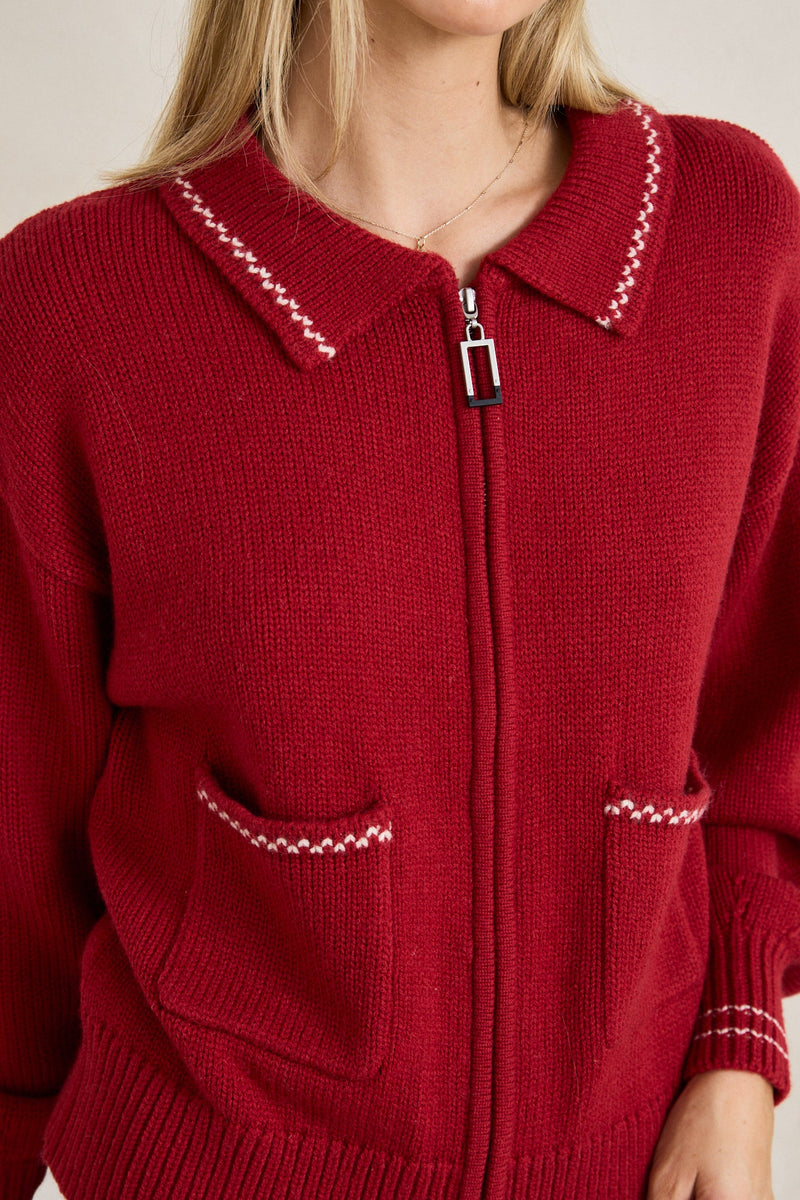 Frankie Dual Zip Cardigan Cherry