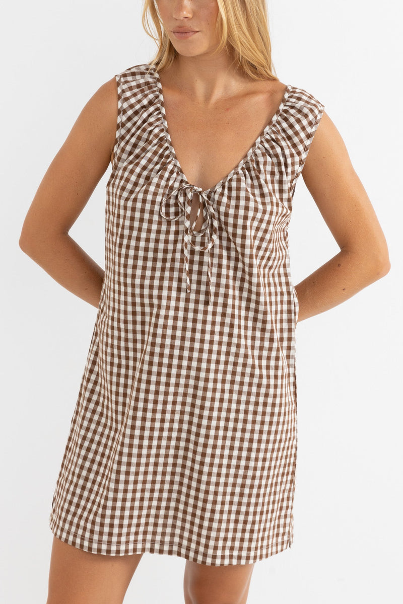 Birdie Gingham Mini Dress Brown