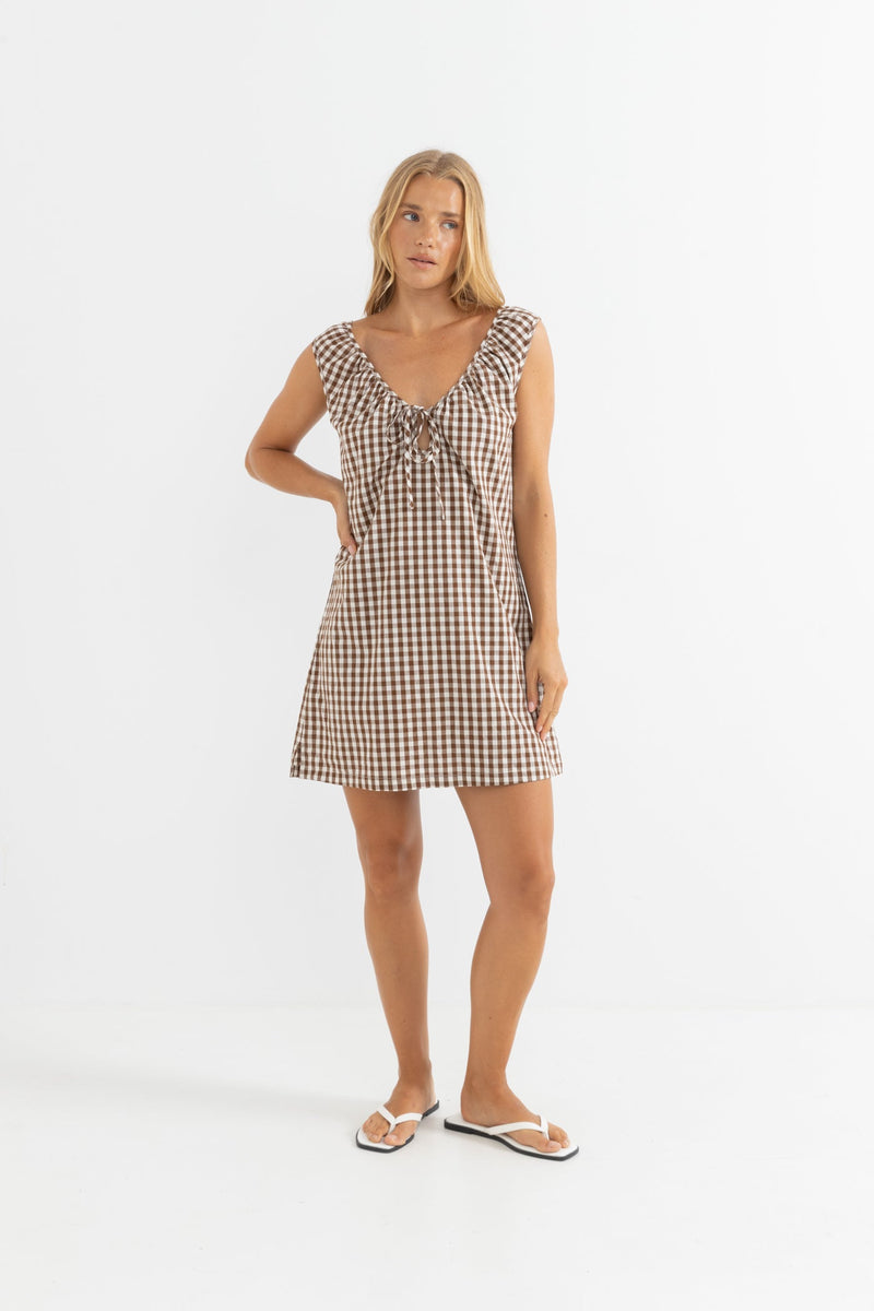 Birdie Gingham Mini Dress Brown