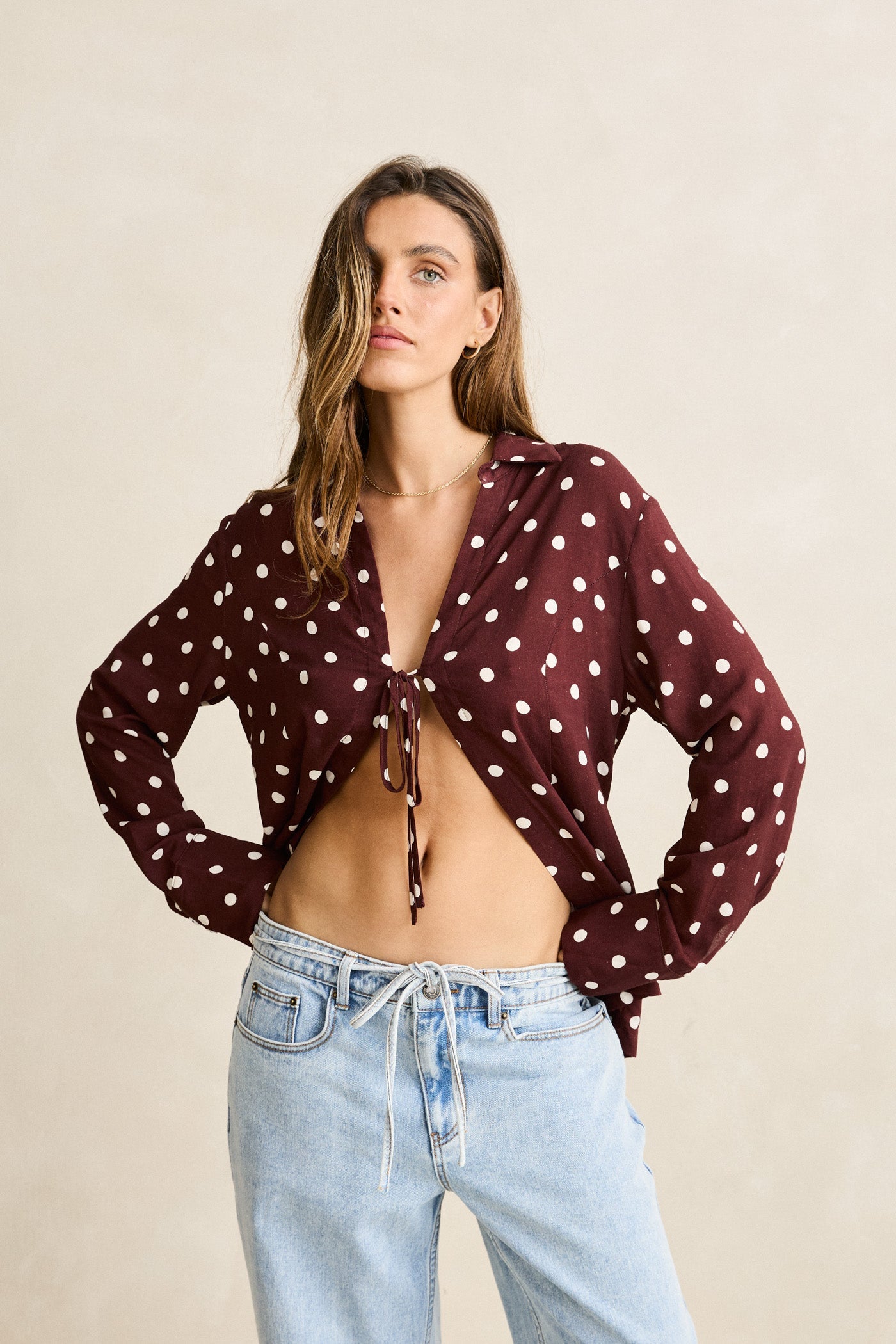 トップス Dot Print Tie Oversized Shirt Polka Dot Tie Front Shirt Cafe – Rhythm US