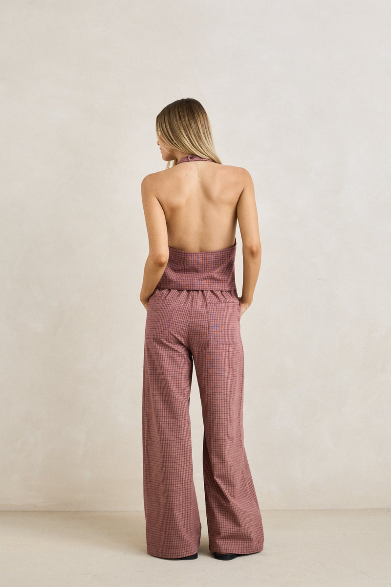 Lucy Check Wide Leg Pant Rust