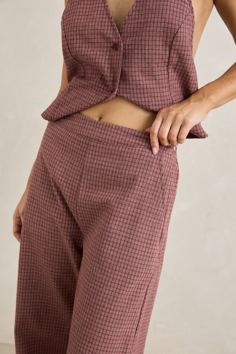 Lucy Check Wide Leg Pant Rust