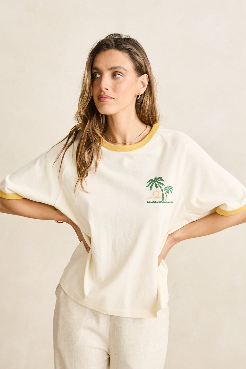 Sunset Palm Ringer Tee Cornsilk