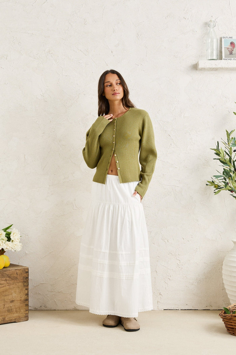 Solene Ruffle Midi Skirt White