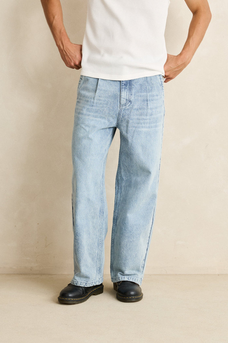 パンツ coating design straight denim Denim Pleated Relaxed Straight Pant Washed Blue – Rhythm US