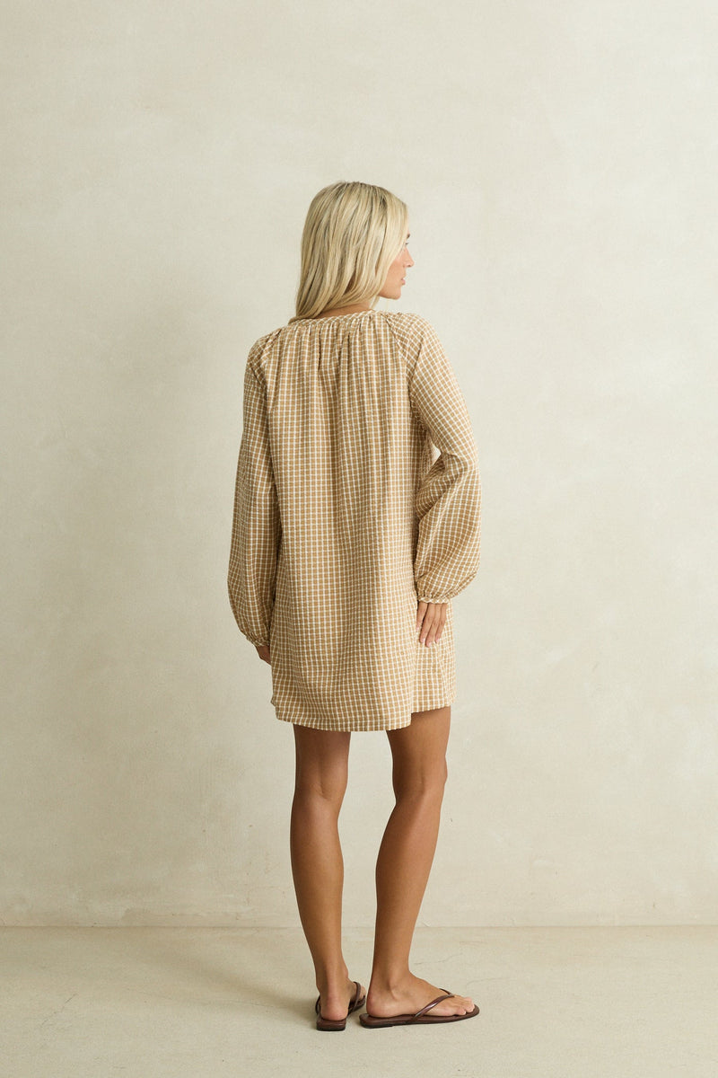 Kirri Check Long Sleeve Mini Dress Tan XS Kirri Check Long Sleeve Mini Dress Tan XS