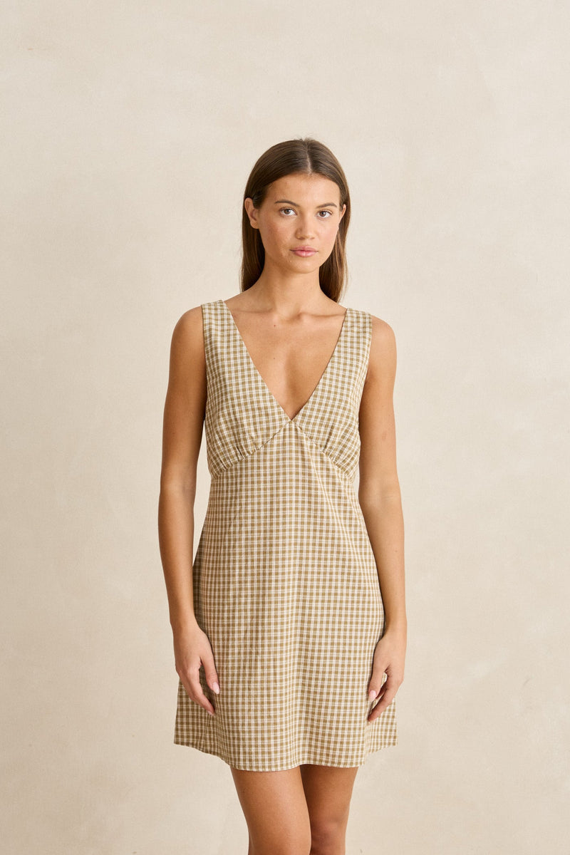v neck check mini dress Warehouse Women's Check V Neck Belted Pinafore Mini Dress in Brown