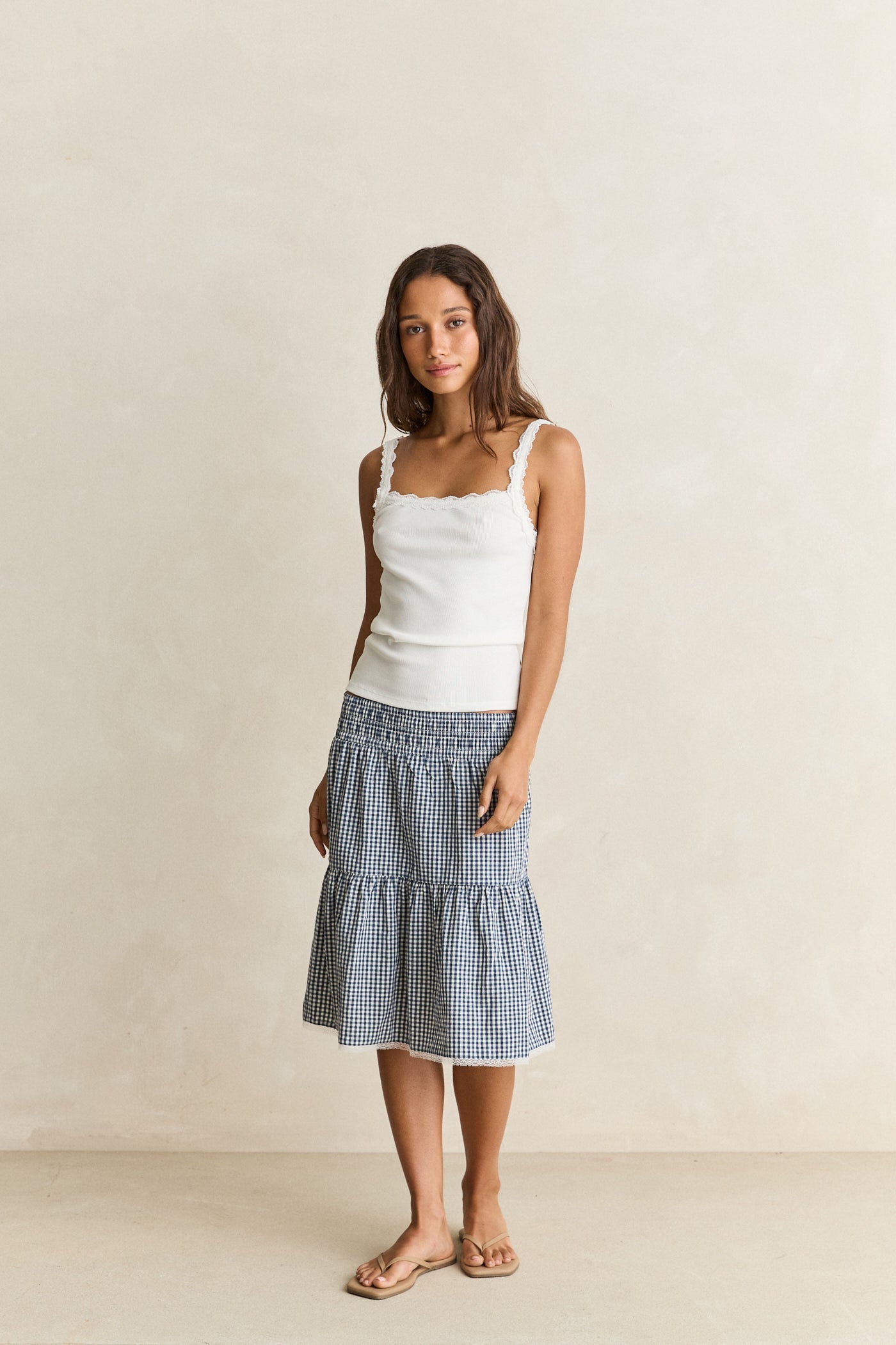 Ella Check Tiered Midi Skirt Navy – Rhythm US