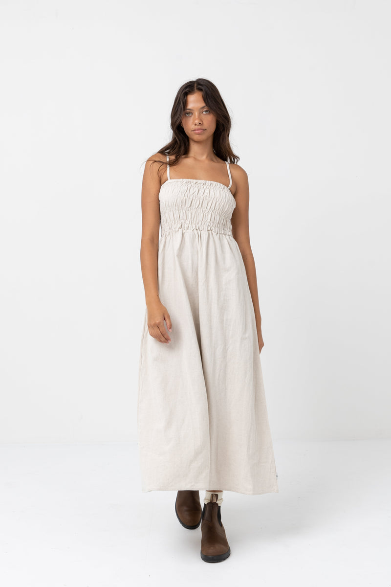 linen shirred midi dress VOYAGE Midi Dress