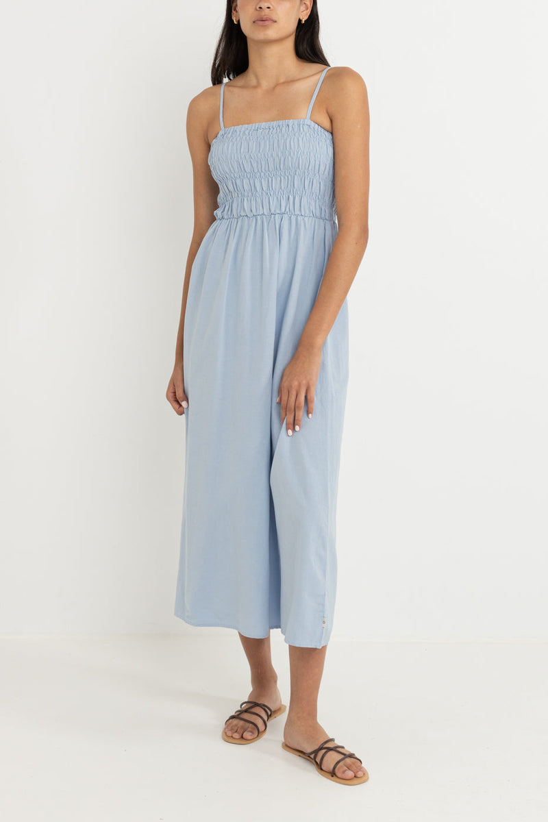 Classic Shirred Midi Dress Blue