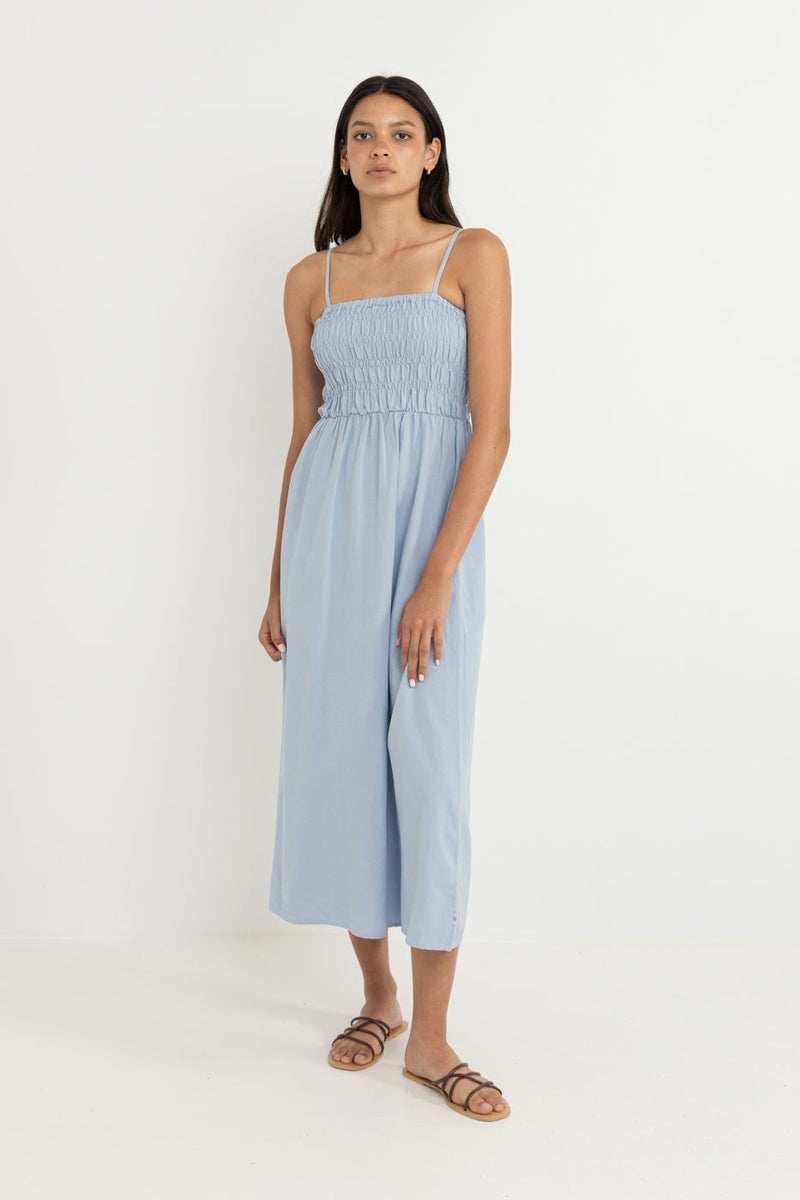 Classic Shirred Midi Dress Blue