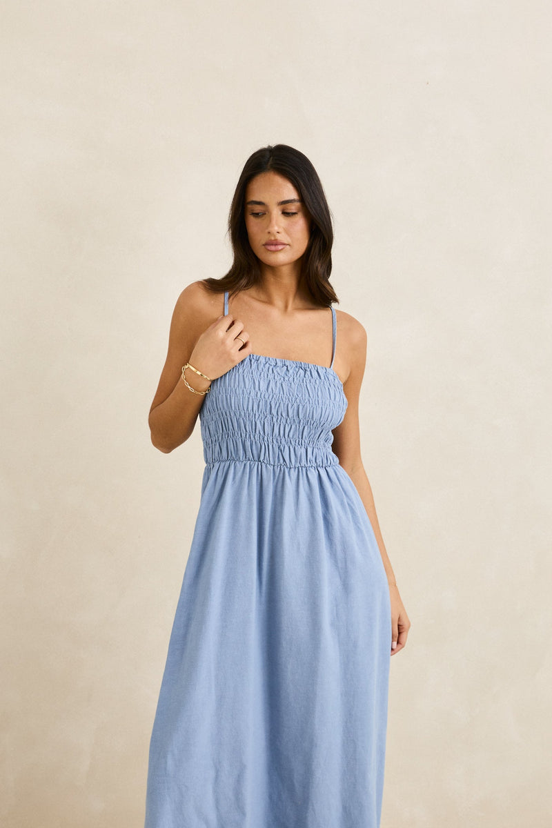 Classic Shirred Midi Dress Steel Blue