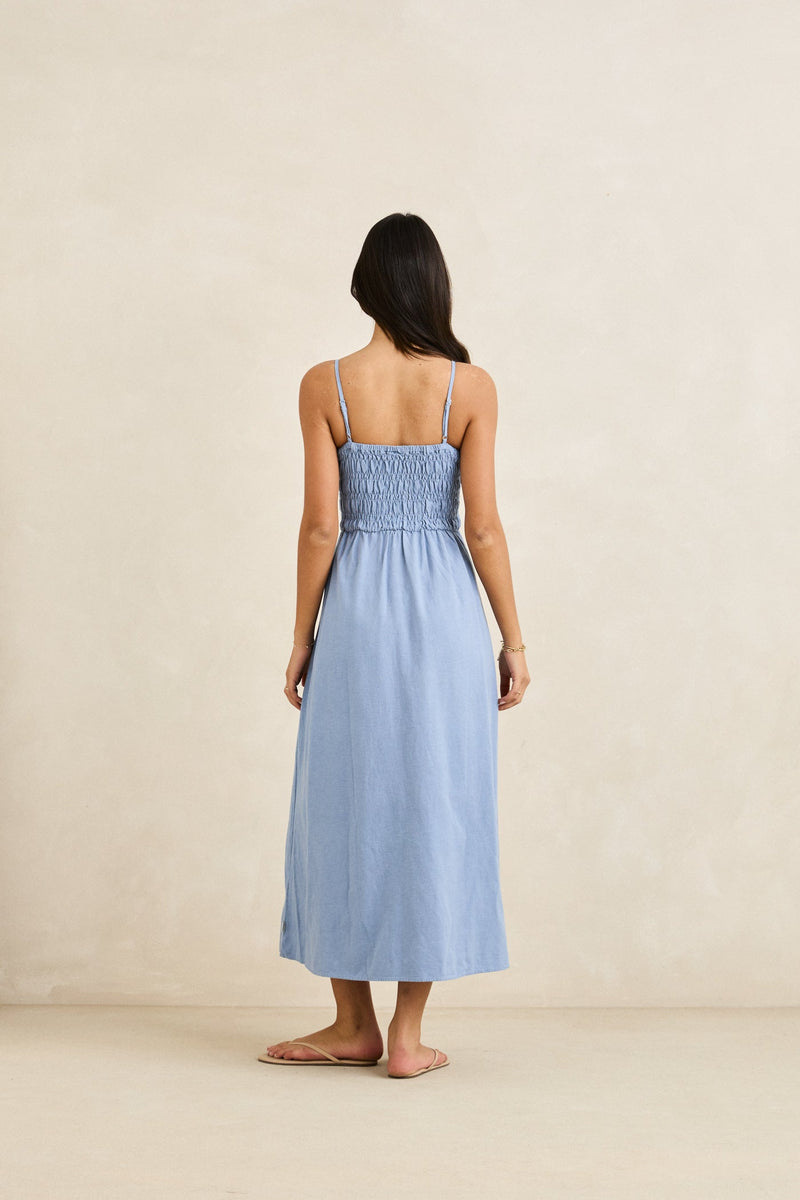 Classic Shirred Midi Dress Steel Blue