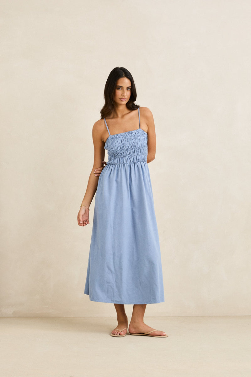 Classic Shirred Midi Dress Steel Blue