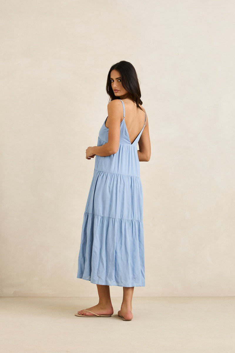 Classic Tiered Midi Dress Steel Blue