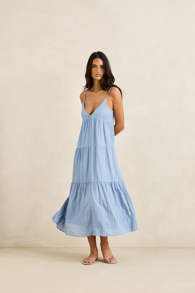 Classic Tiered Midi Dress Steel Blue