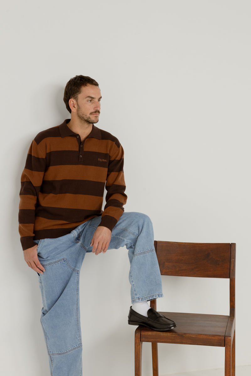 Ventura Stripe Knit Ls Polo Cafe