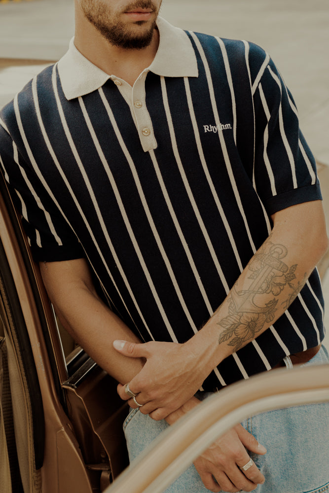 Striped Knit Ss Polo Navy