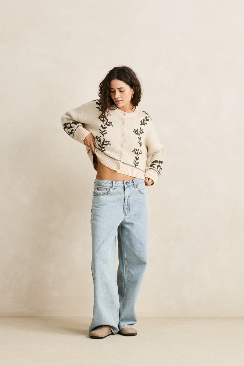 Antique Floral Crop Cardigan Natural