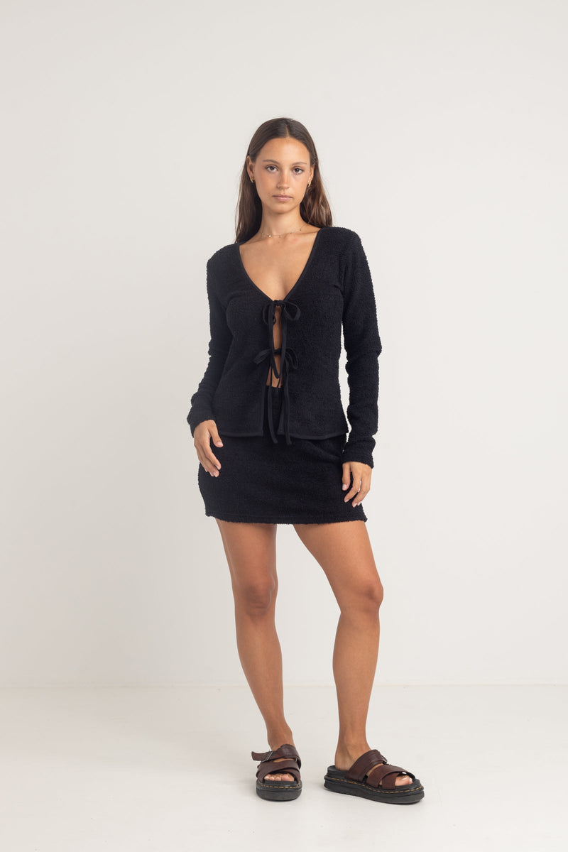 Sofia Boucle Long Sleeve Tie Front Top Black