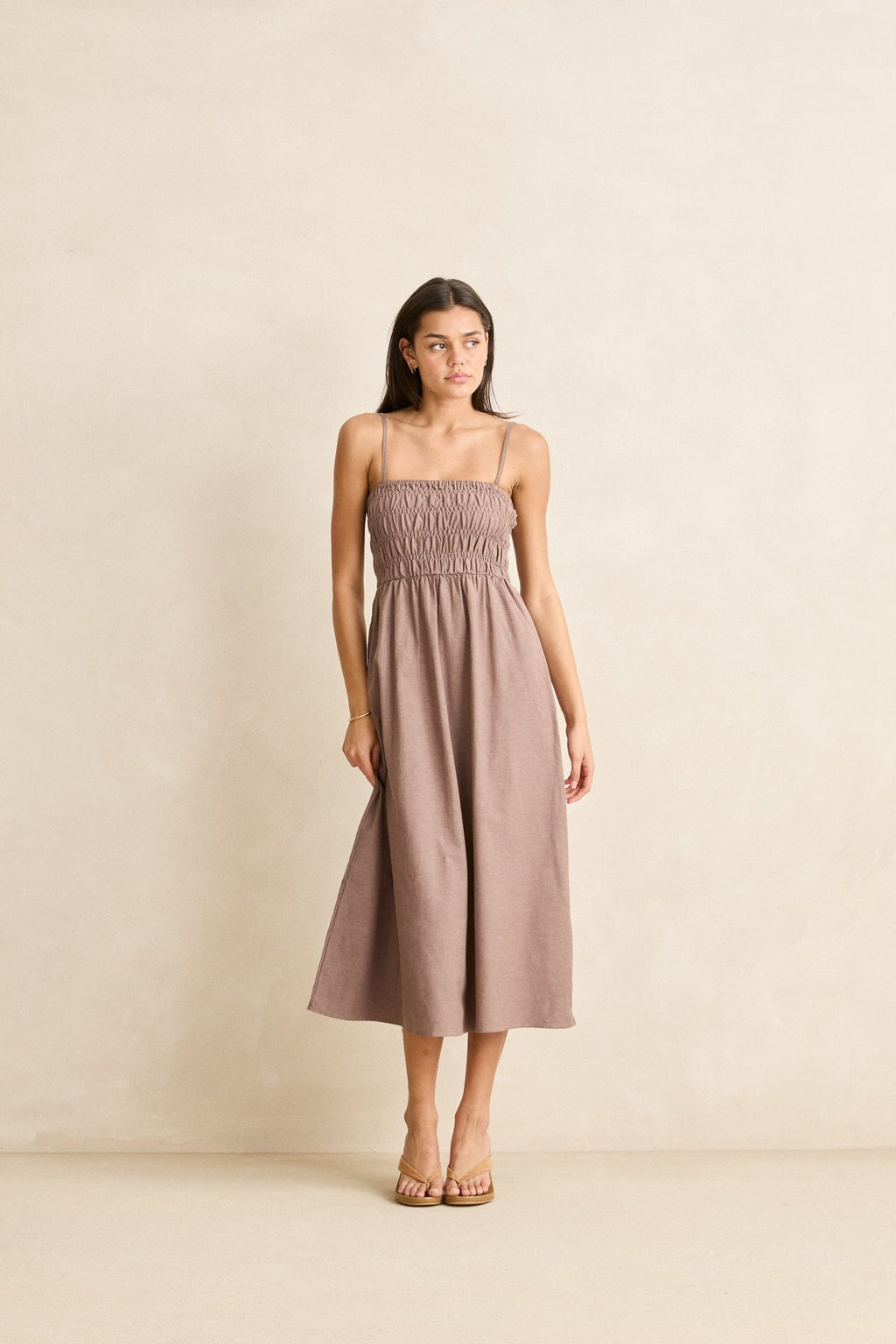 Classic Shirred Midi Dress Taupe – Rhythm US