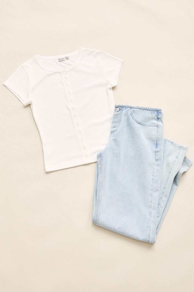 Portia Button Down Rib Top White