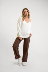 V Neck Cable Sweater Ivory