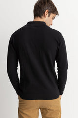 Textured Knit Ls Polo Black