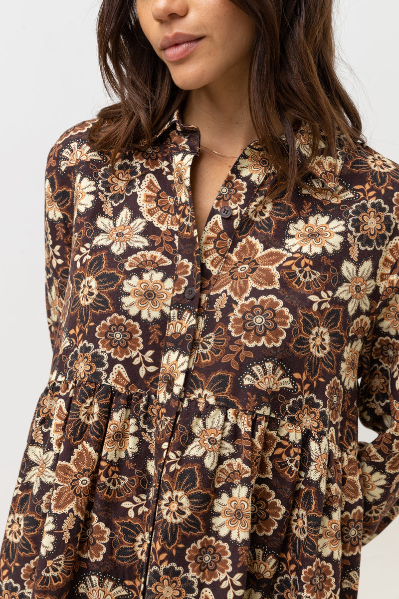 Cantabria Floral Tiered Mini Dress Brown