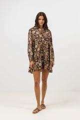 Cantabria Floral Tiered Mini Dress Brown